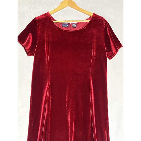 Hillared & Hanson Velvet Midi Shift Dress 12 Red Short Sleeve Holiday Tie Back - Picture 3 of 9